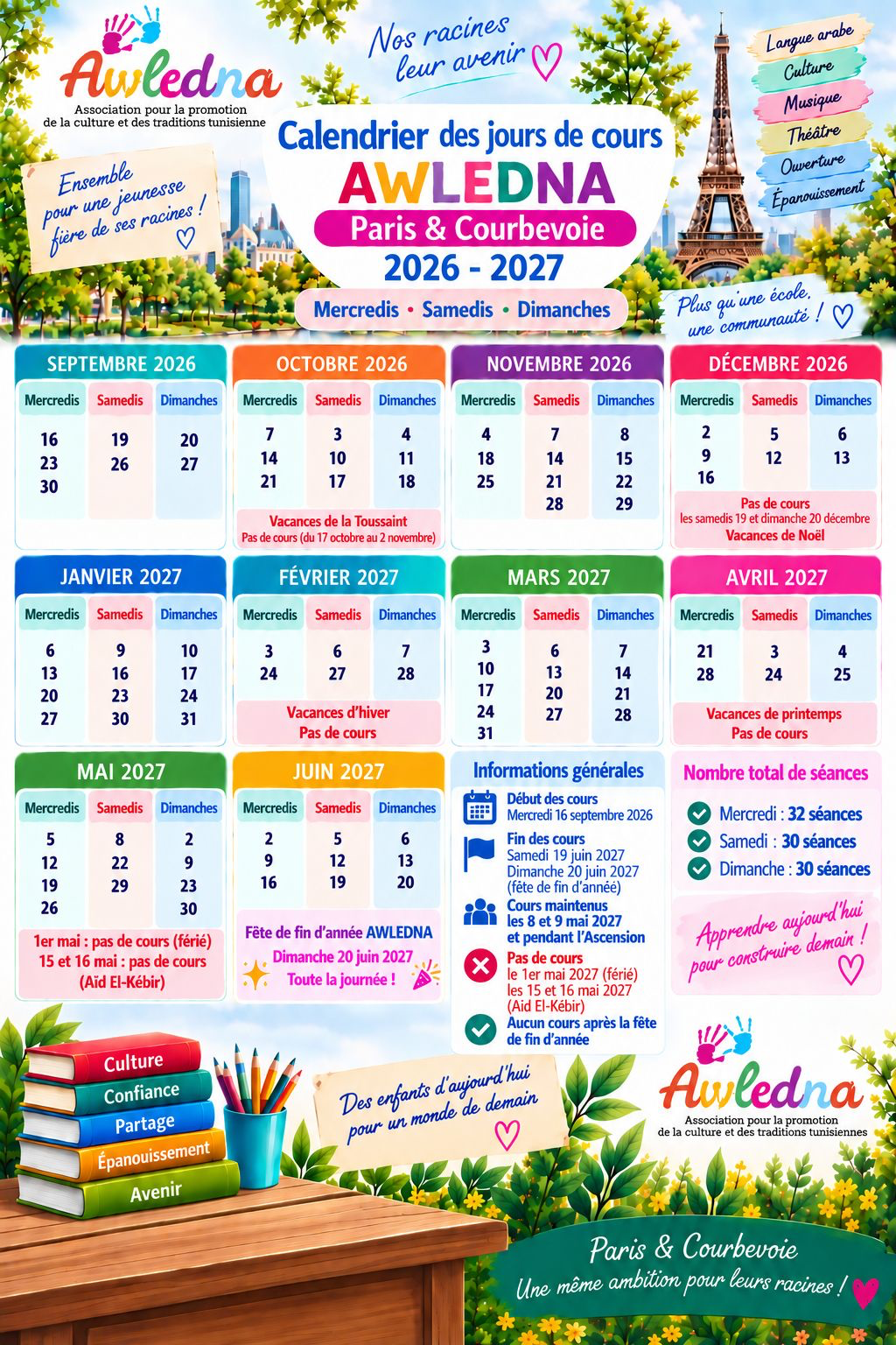 Calendrier des jours de cours AWLEDNA Paris et Courbevoie 2026-2027